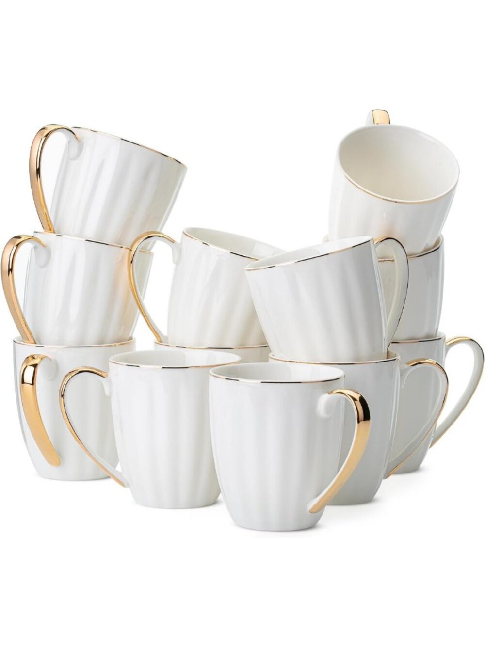 Elegant White Coffee Mugs with Gold Rim - Set of 12, 12oz Porcelain Drinkware